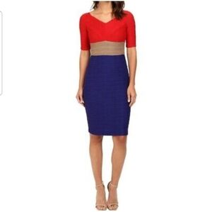 NWT Nue By Shani Color Block Bodycon Shaping Slimming Dress Size 6 Red/Blue/Gold